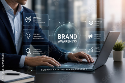 Brand awareness concept with businessman typing on laptop surrounded by transparent marketing icons and strategy elements conveying engagement and growth in modern office