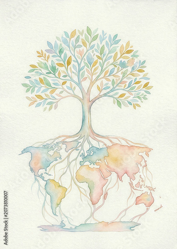 Symbolic Tree of Life with World Map Roots for Global Connection and Environmental Unity