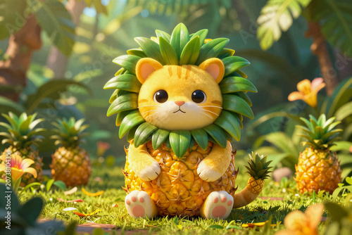 Adorable Hybrid Pineapple Lion Cat Creature Sitting in Tropical Jungle Garden