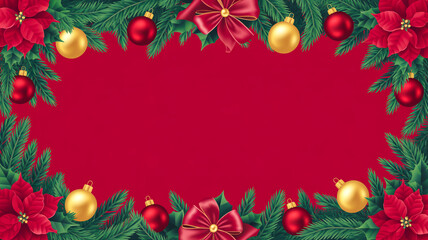 Festive Christmas border design with green leaves and red gold decorations