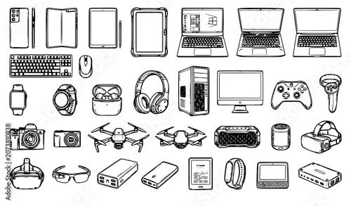 Photos Digital Gadgets Sketch Drawing Collection Black and White Vector Illustration wi