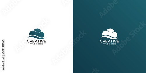 Minimalist cloud and wave logo design for modern creative business branding and digital technology services on white and teal background