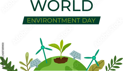 Green planet earth with wind turbines and solar panel environmental protection