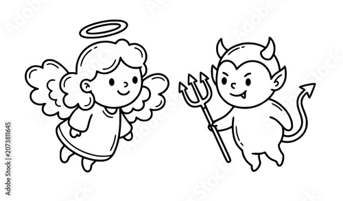 Bild auf Leinwand Cute Angel and Devil Doodle Characters Black and White Vector Illustration