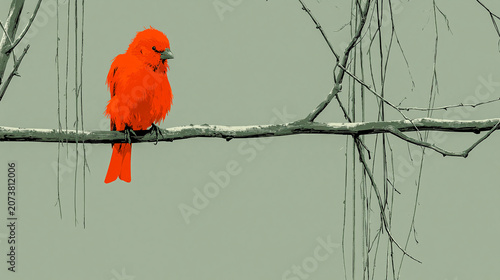 Bright red bird perched on thin tree branch against muted background