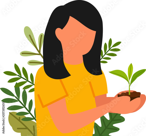 cartoon woman holding plant seeds for environmental protection