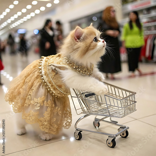Cute fluffy cat wearing dress pushing shopping cart in store