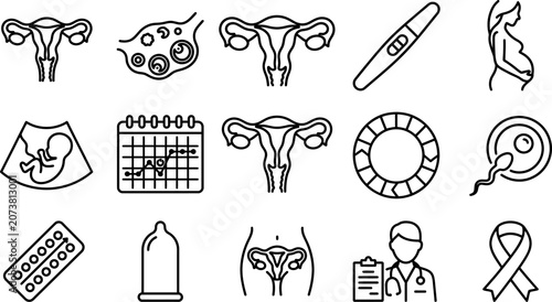 Bild auf Leinwand black line icons of various reproductive health and medical concepts on white ba