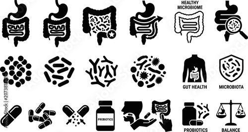 Принти на полотні Black and white icons related to gut health and microbiome  various symbols and