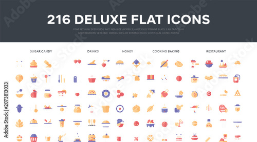 Foto Massive collection of deluxe flat icons covering sugar candy drinks honey cookin