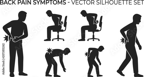 Bild auf Leinwand back pain symptoms illustrated in various poses and activities  vector silhouett