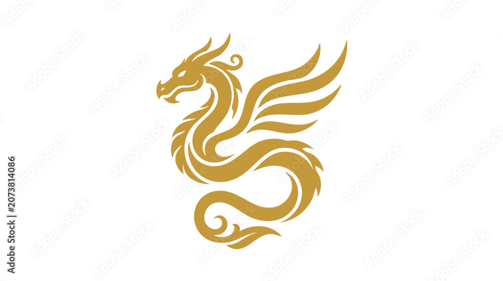 Obraz premium A golden dragon illustration depicts the mythical creature in a dynamic flying pose.
