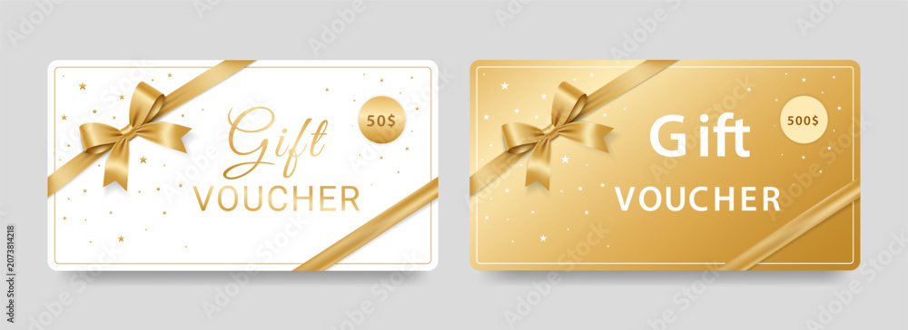 Fototapeta premium Gold gift card voucher template for Holiday sale and business promotion. coupon with ribbon and bow. Shop invitation promo, Sale offer