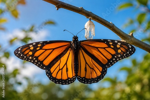 A monarch butterfly with open wings on a twig against a soft blue sky.