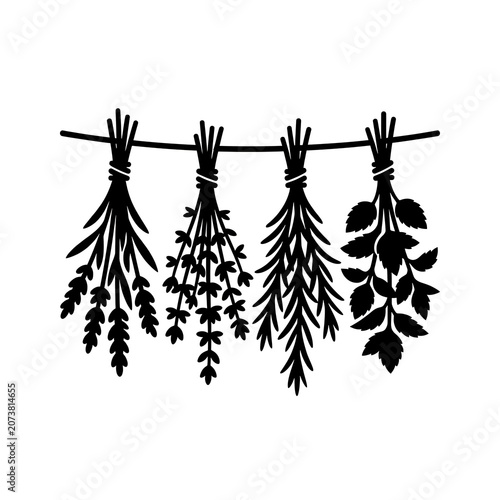 Minimalist Silhouette Illustration of Hanging Dried Kitchen Herb Bundles