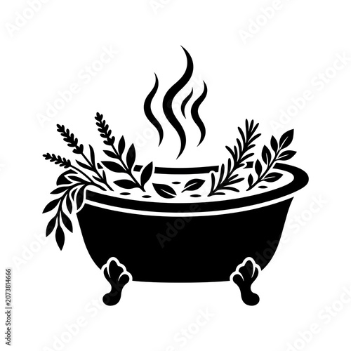Minimalist Silhouette of Aromatic Herbal Bath in Clawfoot Tub