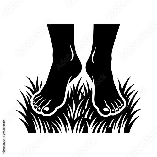 Minimalist Silhouette of Bare Feet Standing in Nature Grass