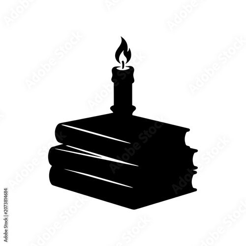Minimalist Silhouette of Books with a Burning Candle Icon
