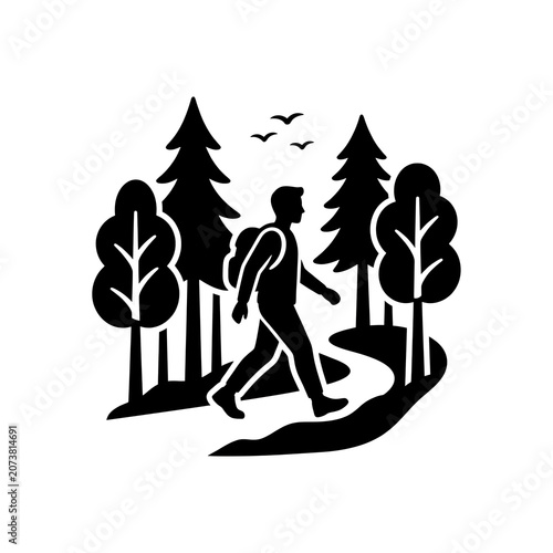 Minimalist Silhouette of Hiker Walking on Scenic Forest Trail