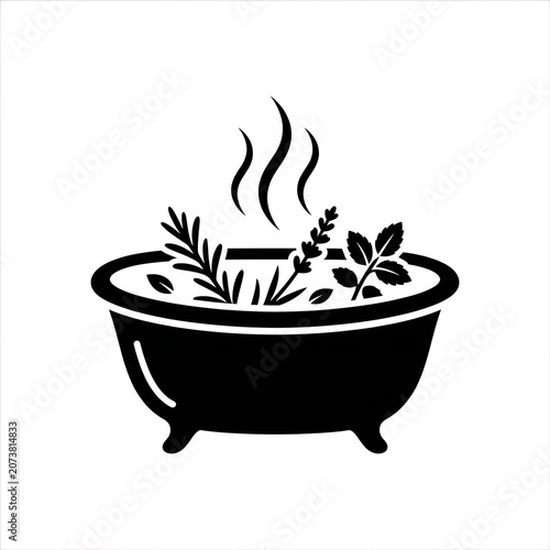 Minimalist Steaming Herbal Spa Tub Icon for Wellness and Aromatherapy