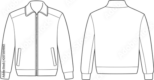 Fotografie Cad drawing flat vector illustration, fashion technical jacket sketch front and