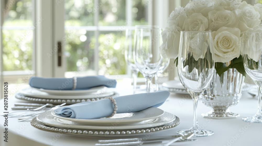 Fototapeta premium Elegant Table Setting with Soft Pastel Decor and Floral Centerpiece