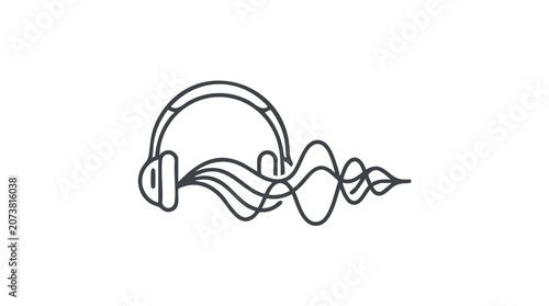A minimalist line drawing of headphones with sound waves emanating from them.