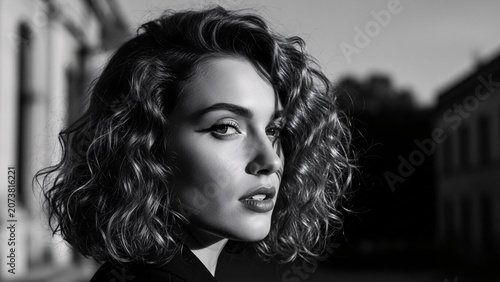 Black and white portrait of a confident woman with curly hair and striking makeup standing outdoors in an urban setting with buildings in the background for fashion and beauty photography