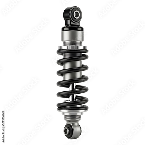 Shock Absorber On White Solid Background, Vehicle Suspension Component For Smooth Driving, Mechanical Part Used In Car Engineering