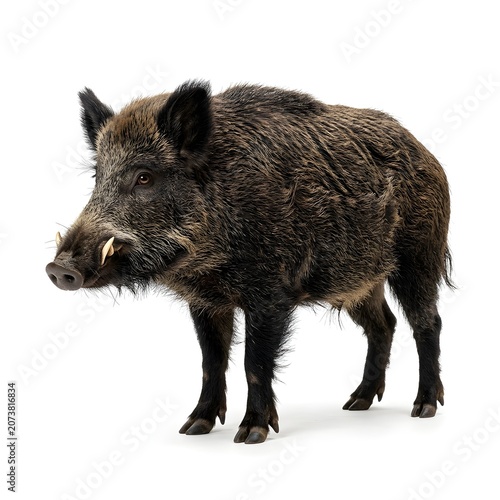 Wild Boar On White Solid Background, Powerful Forest Animal With Distinctive Tusks, Nature Symbol Of Strength, Wildlife And Outdoor Photography