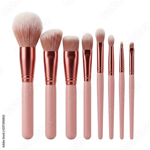 Bright Smooth Makeup Brush Set On White Solid Background, Professional Beauty Tools For Applying Cosmetics, Soft Bristles And Elegant Design