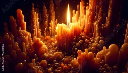 Burning candle surrounded by red wax structures in fantasy cave.