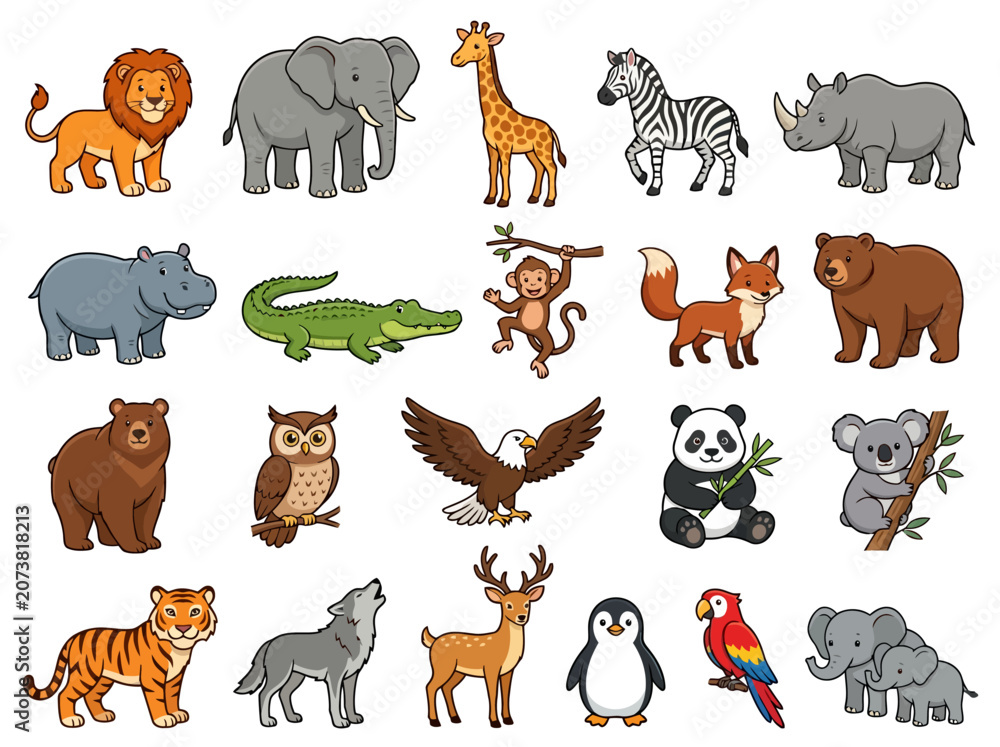 Obraz premium A collection of various cute cartoon animals arranged in a grid pattern.