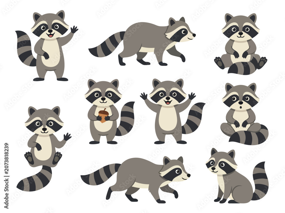 Obraz premium A collection of cute cartoon raccoons in various poses and expressions.