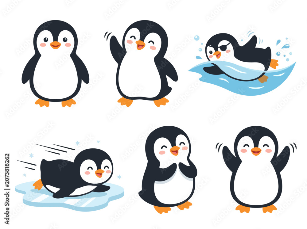 Obraz premium A collection of cute cartoon penguins in various playful poses and activities.