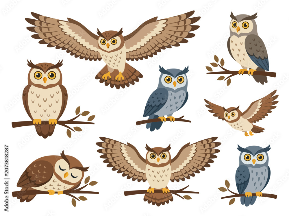 Obraz premium A collection of diverse cartoon owls in various poses and flight positions.