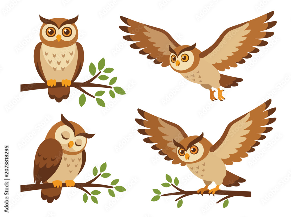 Naklejka premium A collection of four cartoon owls in various poses including sitting and flying.