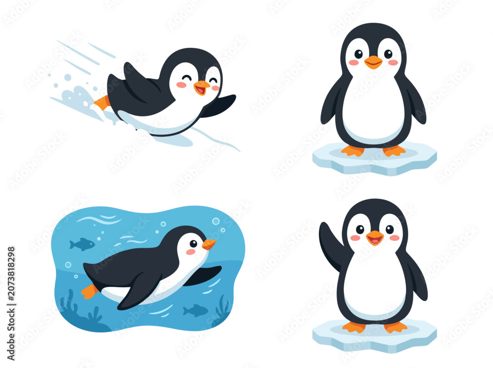 Obraz premium A set of four cute cartoon penguins in different poses and activities.