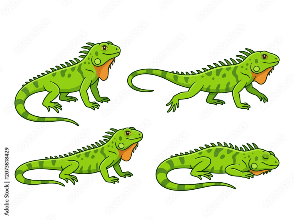 Fototapeta premium Set of four cartoon green iguanas in different poses.