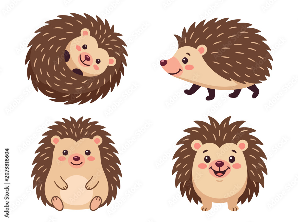 Fototapeta premium Set of four cute cartoon hedgehogs in different poses and expressions.