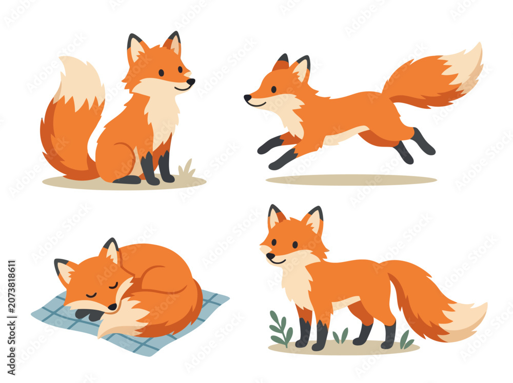 Obraz premium A collection of four cute cartoon foxes in various poses including sitting running sleeping and standing.
