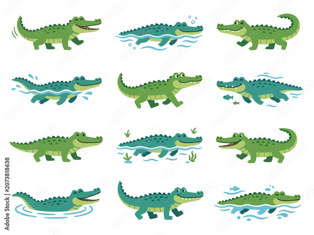 Fototapeta premium A collection of cute cartoon crocodiles in various poses and activities.