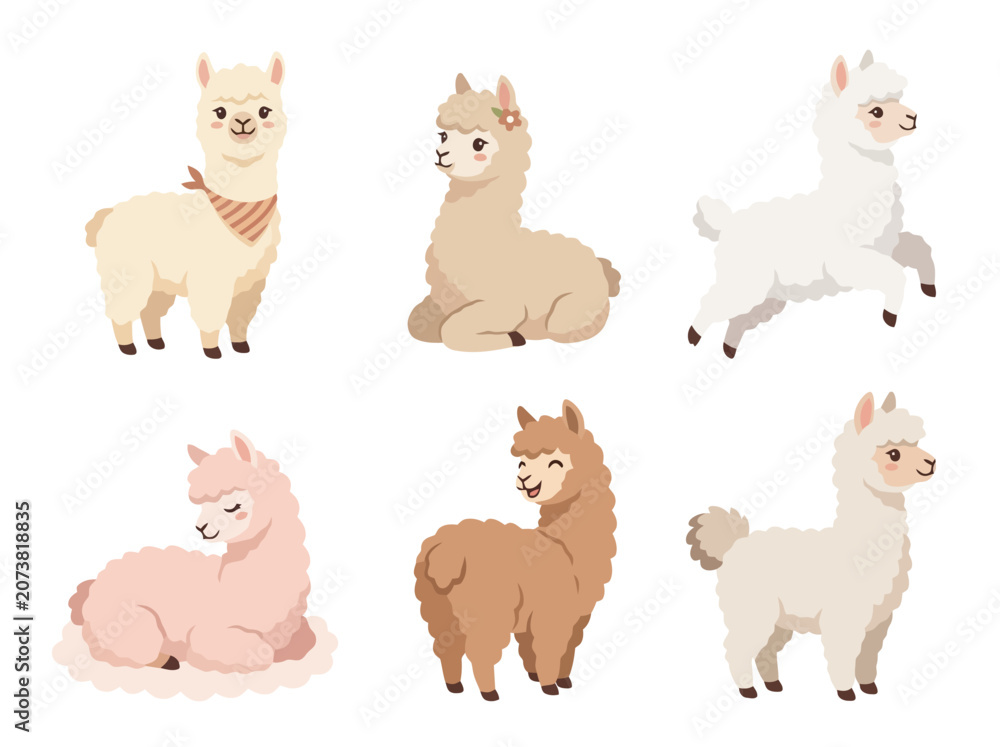Fototapeta premium A collection of cute cartoon llamas in various poses and colors.