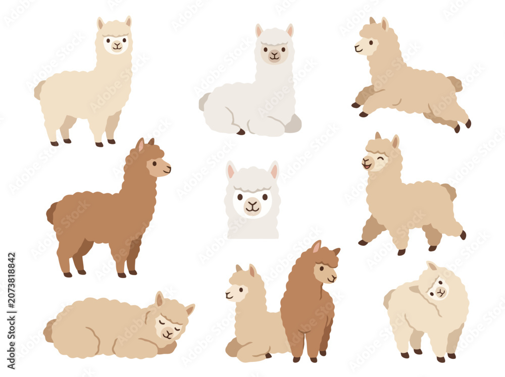 Fototapeta premium A collection of cute cartoon llamas in various poses and colors.