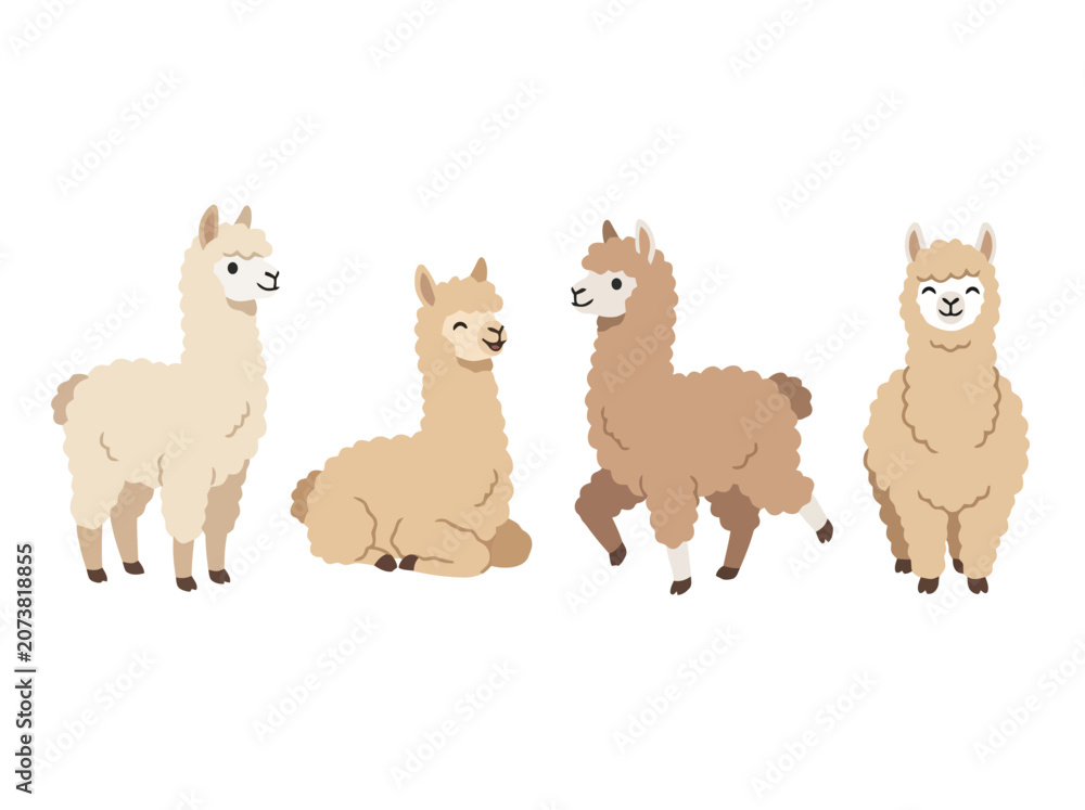 Naklejka premium A collection of four cute cartoon llamas in various poses and shades of brown.