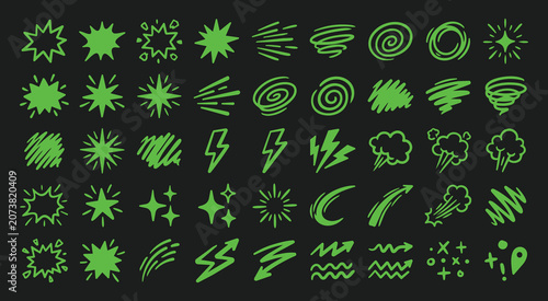 Neon Green Comic Burst Effects Pack with Hand Drawn Doodles