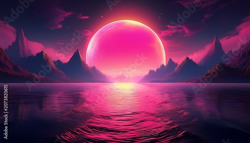 Surreal Landscape With A Giant Pink Sun Rising Over Dark Mountains And A Sea Dreamlike Mystical Atmosphere