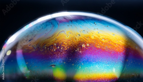 Iridescent Holographic Soap Bubble With Rainbow Reflection On Wet Surface Abstract Macro Photography With Prismatic Light And Water Droplets For Creative Design Backgrounds