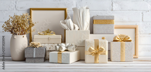 Elegant gift wrapping display showcasing luxury holiday presents with gold accents and neutral tones against a rustic backdrop