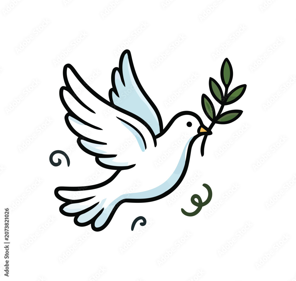 Fototapeta premium A white dove flying with a green olive branch and gentle swirls signifying peace and hope